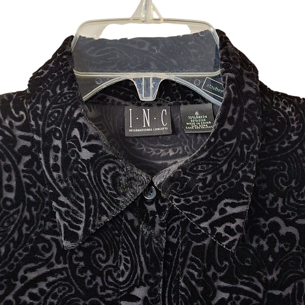 INC International Concepts Y2K Velvet‎ Burnout Silk Blend Button Up Shirt Sz 6